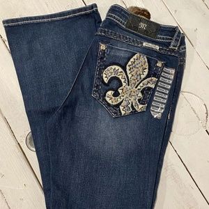 Miss Me Dark Wash Mid Rise Fleur De Lis Boot Cut Denim Size 31